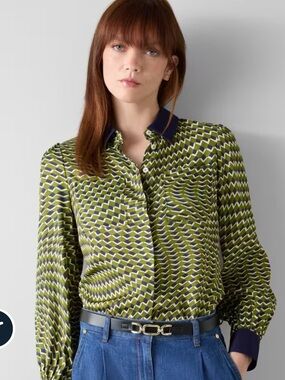LK Bennett Olive and Navy Geometric Print Blouse